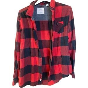 Original Weatherproof Vintage Flannel‎ Shirt Red Black Plaid Button Up L/G